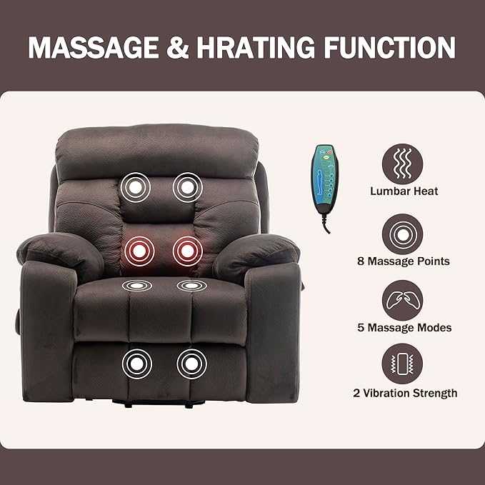 Oversized Power Recliner Chair with Massage Heat for Elderly Lift Chair, Infinite Position, Velvet Electric Recliner with Cup Holders, Side Pockets