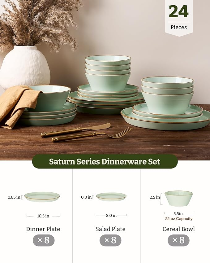 Famiware Saturn Stoneware Dinnerware Sets for 8 (24 Pieces), Ceramic Plates and Bowls Dish Sets with Hand-Painted Trim - Chip & Scratch Resistant, Microwave & Dishwasher Safe Tableware, Light Green