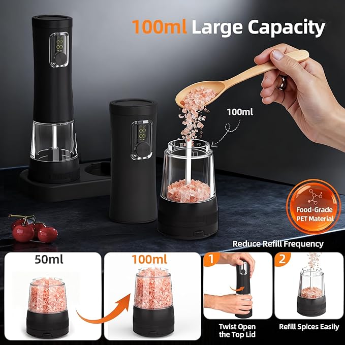 Electric Salt and Pepper Grinder Set-2 Pack Rechargeable Automatic Pepper Mill with Base,5-Level Adjustable Coarseness, Display, LED Lighting, Large Capacity-Ideal for Kitchen, BBQ Gifts (2, Black)