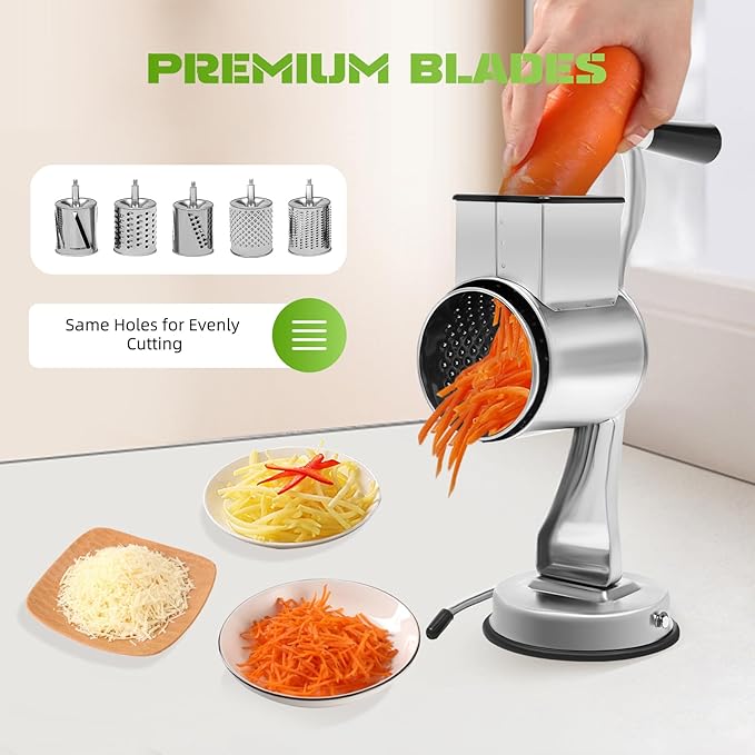 Stainless Steel Rotary Vegetable Cheese Grater Potato Slicer, 5-In-1 Countertop Cheese Grater Manual Kitchen Shredder Round Food Chopper with Blades for Cafeterias Restaurants Hotels