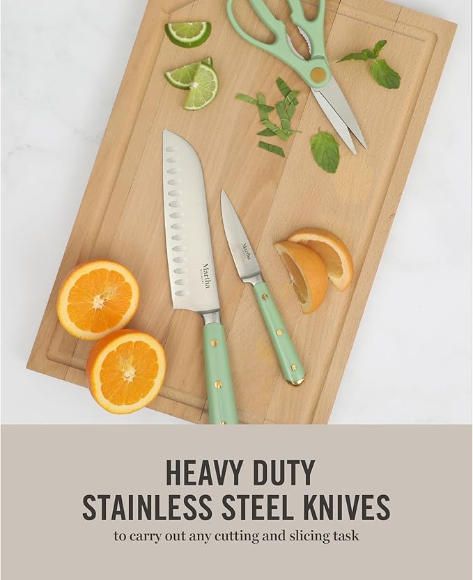 Martha Stewart 16 Piece Lockton High Carbon Stainless Steel Cutlery Kitchen Knife Block Set W/ABS Tripe Riveted Forged Handle Acacia Wood Block - Sage Green W/Gold