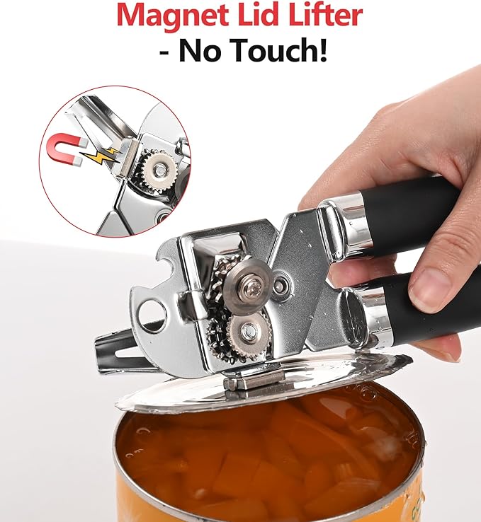 Ugotit Stainless Steel Manual Can Opener with Bottle Opener- Smooth Edge Handheld Heavy Duty Opener for Seniors & Camping, Multifunctional Kitchen Tool, Magnetic Lid Remover, Safe Cut