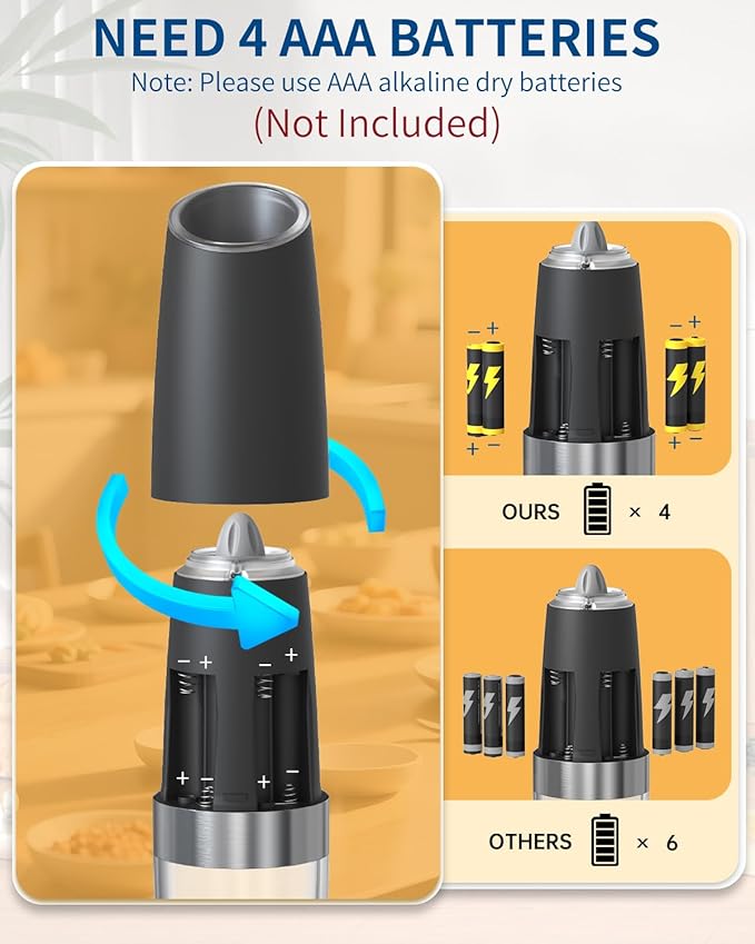 CIRCLE JOY Gravity Electric Pepper Grinder Salt Grinder Pepper Griner Mill Electric with LED Light, Battery Operated, Adjustable Coarseness, Washable 135ml Container, 1 Pcs