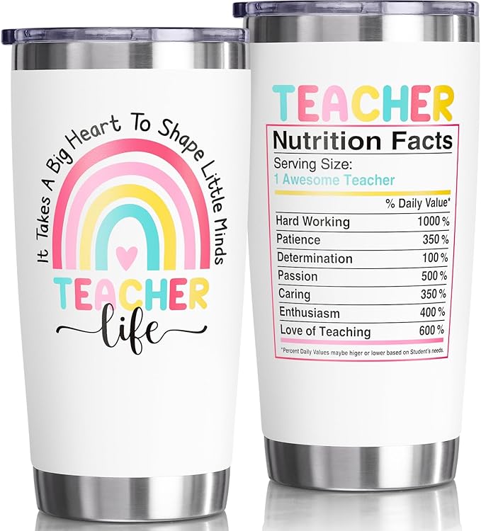 Teacher Gifts for Women, Christmas Appreciation Gift for Teacher, 20 OZ Tumbler Teachers Gifts from Student, Big Heart Insulated Cup Unique Graduation Thank You Retirement Birthday Gift for Teachers