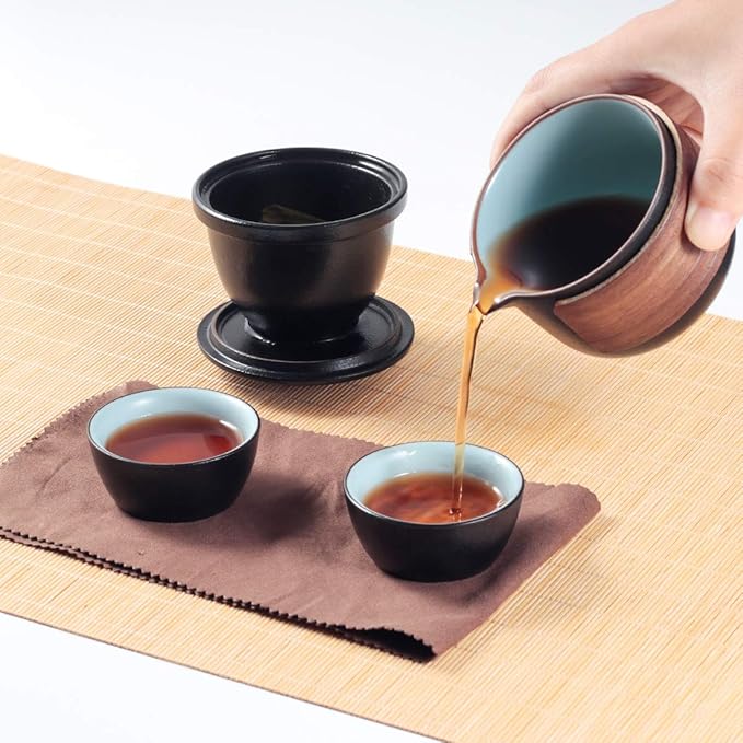Mini Travel Ceramic Tea Pot Set Chinese Kung Fu Teapot, 1 Pot 2 Cups Porcelain Teacups with Tea Infuser Portable Bag for Outdoor Picnic (Black)