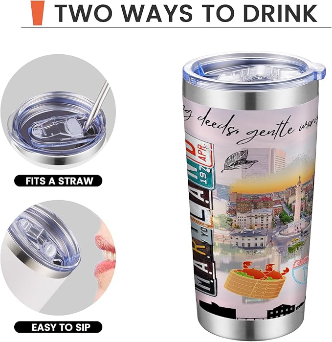 20oz Insulated Tumbler Maryland State Coffee Mug, United States Map Travel Mug Landmark, Birthday Gifts Cute Custom Tumbler Cups with Lid and Straw Mothers Day Gifts