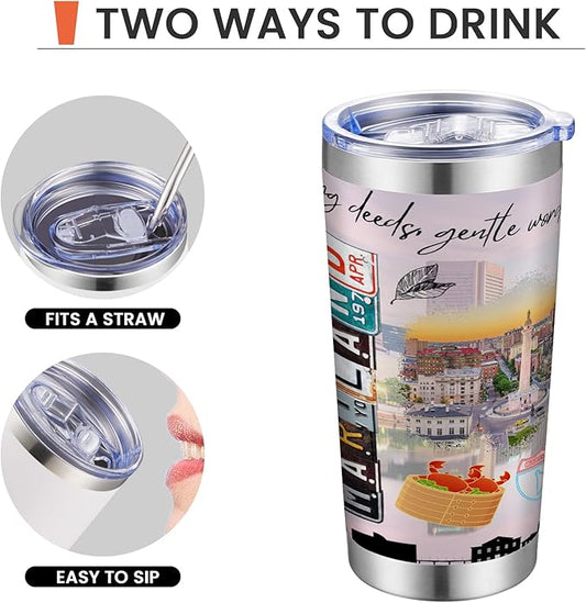 20oz Insulated Tumbler Maryland State Coffee Mug, United States Map Travel Mug Landmark, Birthday Gifts Cute Custom Tumbler Cups with Lid and Straw Mothers Day Gifts