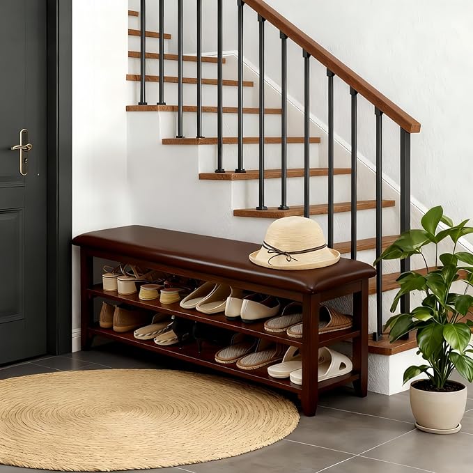 Shoe Bench Storage with Leather Cushion, Rustic Solid Wood Entryway Bench with 2 Height-Adjustable and Removable Shelves for Hallway, Living Room, Mudrooms (Dark Brown,39.4")