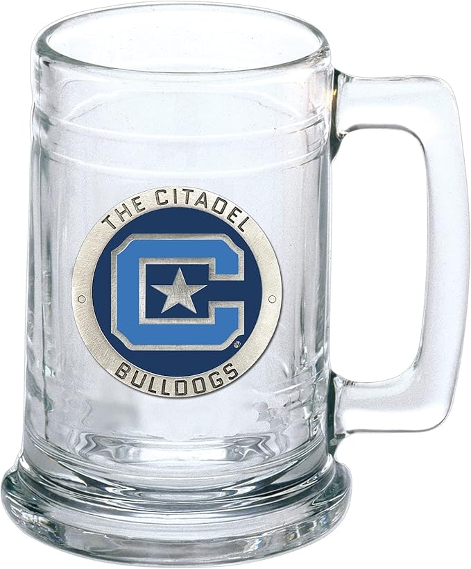 Heritage Pewter Citadel Beer Stein Glass | 15 Ounce German-Style Beer Glass | Intricately Crafted Metal Pewter Alma Mater Inlay