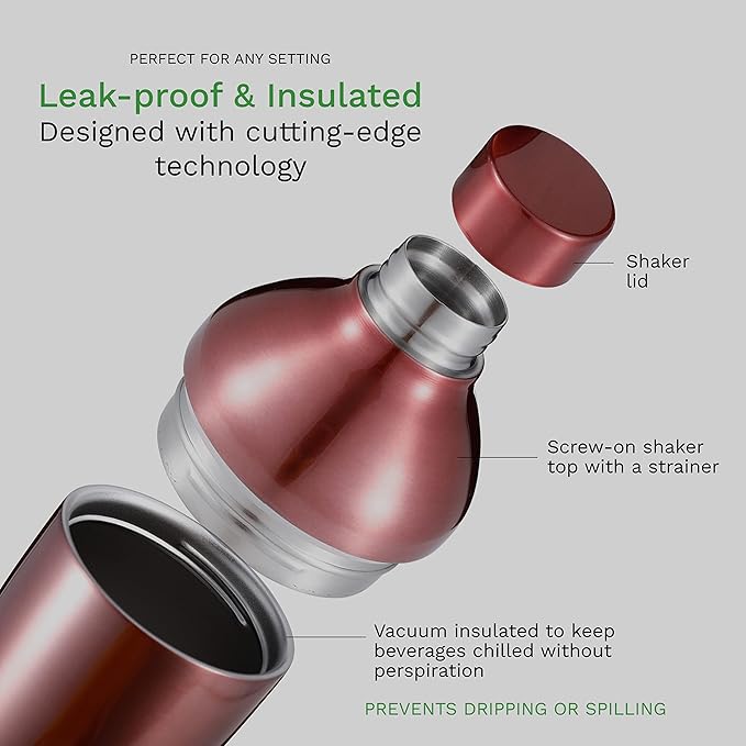 The Mixologer Cocktail Shaker & Tumbler | 19 oz Stainless Steel Drink Mixer with Built-in Measurements, Leak-Proof Design & Vacuum Insulation | Ideal to Mix Whiskey, Cocktails & More | Rose Gold