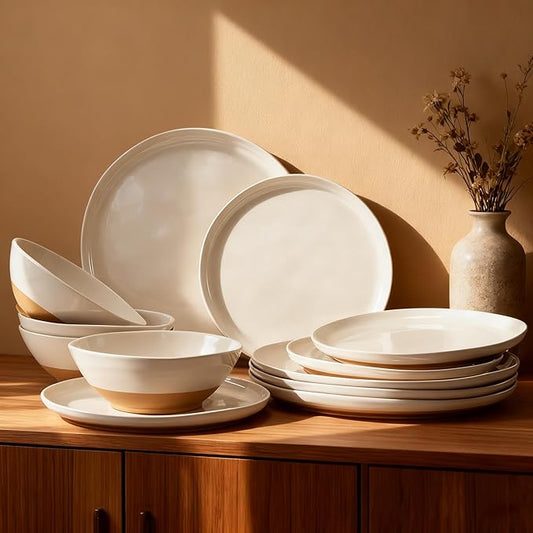 FINE&NICE Melamine Dinnerware Sets of 12 Pcs, Unbreakable Plates and Bowls Set for 4, Dinner Dishes Set for for Patio, RV and Camping, Dishwasher Safe (White with Brown)