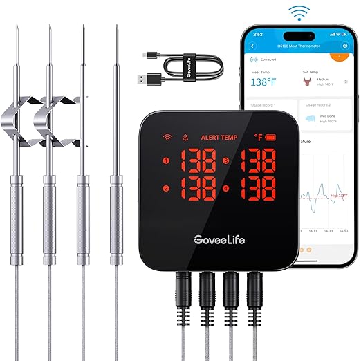 GoveeLife WiFi Meat Thermometer Digital, Smart Cooking Thermometer with 4 Probes, Wireless Bluetooth Grill Thermometer with APP Alert and Temp Curve, 40H Rechargeable BBQ Thermometer for Smoker, Oven