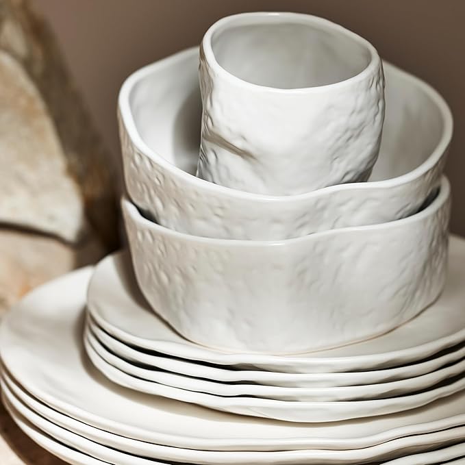 Stone by Mercer Project Atik Modern Stoneware 32-Piece Dinnerware Set, Plate and Bowl Set, Dish set for 8, White