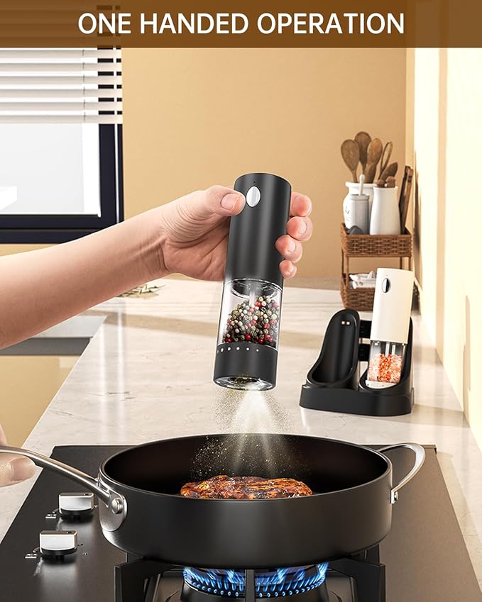 CIRCLE JOY Electric Salt and Pepper Grinder Set Automatic Salt and Pepper Mills Set with Easy-to-Carry Charging Base and LED Light, USB Rechargeable, Upgrade External Adjustable Coarseness