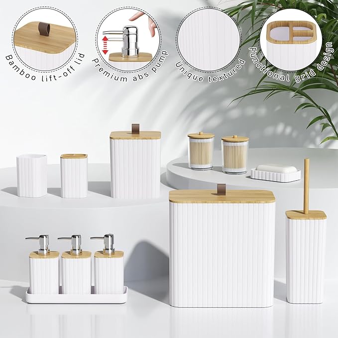 Bathroom Accessory Set - White Bathroom Set, 12PC Bathroom Accessories Set, White Bathroom Accessories Set, Mini Trash Can, Toilet Brush, Trash Can & Soap Dispenser