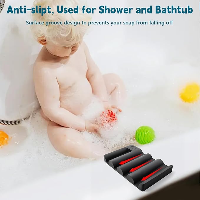 Silicone Soap Dish, Self Draining Soap Holder Perfect for Shower, Bathroom Sink, Kitchen Sink & Travel, Non-Slip Bar Soap Holder Extend Soap Life, Keep Soap Bars Dry Clean & Easy Cleaning (Black-1PCS)