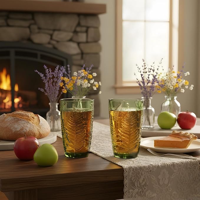 Green Drinking Glasses Set of 8 – 12 oz Hand-Blown Vintage Glass Cups, Boho Aesthetic Colored Glassware with Antique Charm, Textured Highball Water Tumblers, Unique Retro Drinkware Gift for Home