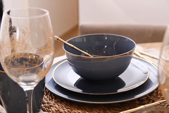 KOKEN - 16 Pc Bone China Dinnerware Sets – Grey china dinnerware set - Plates and Bowls Sets Dishes Set for 4 – Kitchen Plates, mugs, Bowls - Microwave safe china sets for home - Dining set, Blue