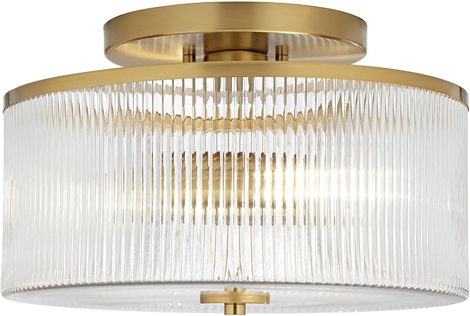 Possini Euro Design McKenzie 14" Mid Century Modern 2-Light Semi Flush-Mount Ceiling Light Fixture Kitchen Foyer Hallway Drum Round Warm Brass Finish Ribbed Glass Metal Bedroom Bathroom Entryway