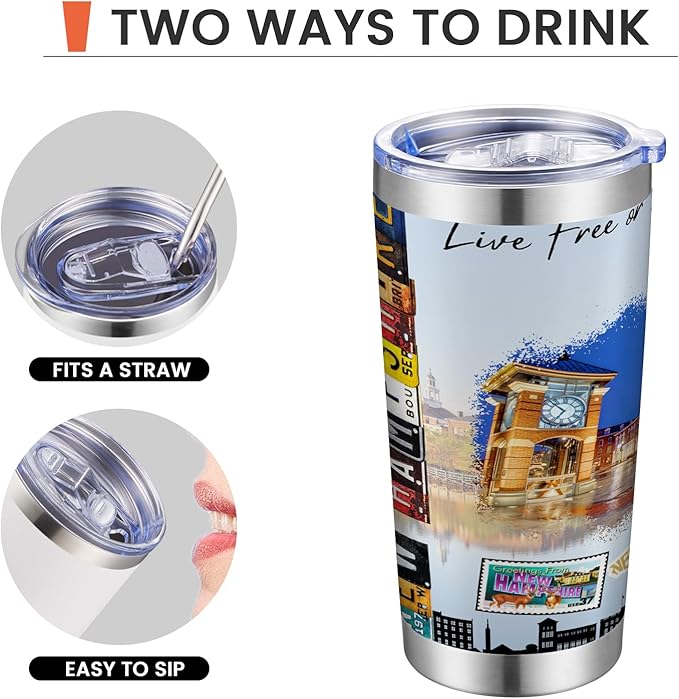 20oz Insulated Tumbler New Hampshire State Coffee Mug, United States Map Travel Mug Landmark, Birthday Gifts Cute Custom Tumbler Cups with Lid and Straw Gifts for Mom