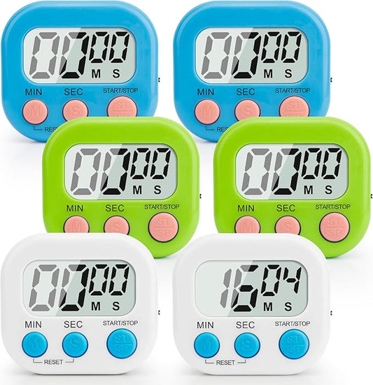 6 Pack Digital Kitchen Timer Multi-Function Magnetic Timers Classroom Timer for Kids Loud Alarm Big LCD Display Electronic Timers for Cooking, Classroom, Exercise, Study, Meeting(Blue, Green, White)