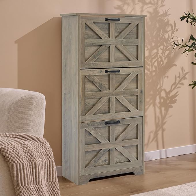 Shoe Storage Cabinet with Bench, Farmhouse Shoe Organizer with Barn Door Design, Space-Saving Hidden Narrow Shoe Rack Cabinet for Entryway, Hallway & Foyer，White