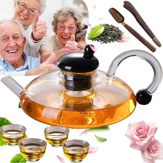 24 OZ Luxury Glass Teapot with Warmer, Automatic Electric Kettle with Tea Infuser, Teapot and Cup Set with Warmer, New Year Christmas Excellent Gift Idea for Tea Lovers (Transparent + 2 cups)