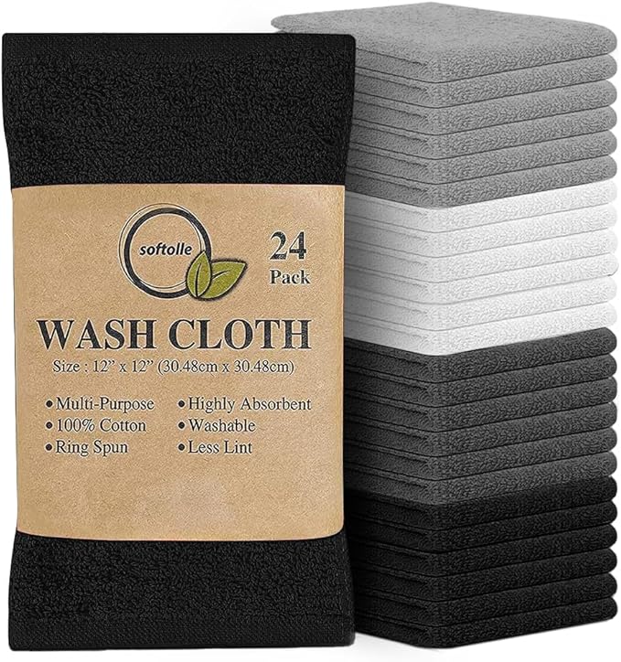 Softolle 100% Cotton Washcloths 24 Pack (12x12 Inches) Soft, Highly Absorbent Washcloth, Face Towels, Wash Cloths for Face, Ring Spun, Bulk Pack (White/L.Grey/D.Grey/Black)