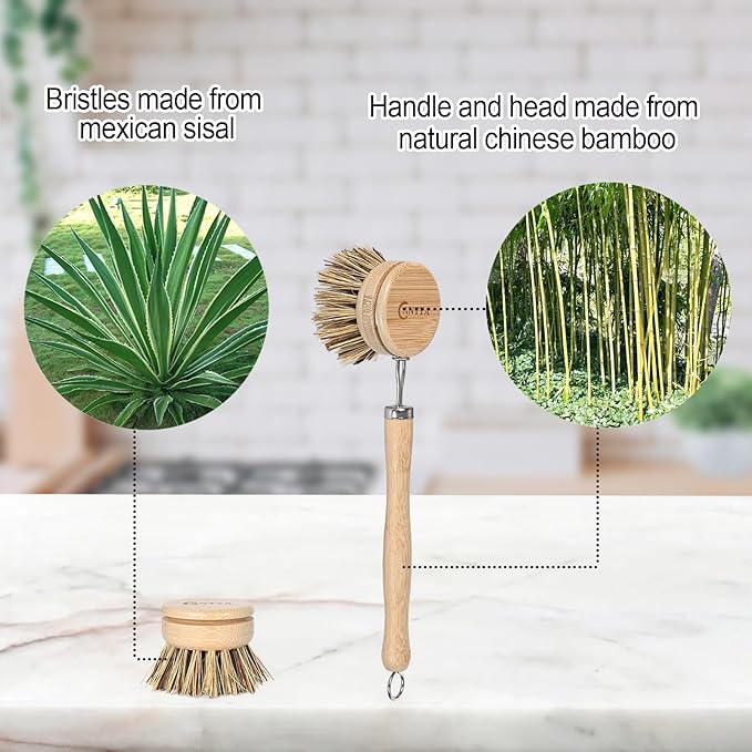 Bamboo Dish Scrubber with Handle 4 Replacement Heads, Natural Kitchen Scrub Brush,Sustainable & Biodegradable, Bamboo Dish Brush for Cleaning Cast Iron Pan/Pot(Hard Bristles)