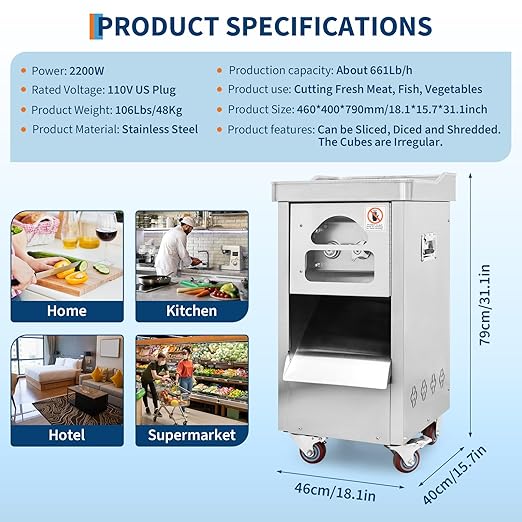 Commercial Meat Cutting Machine, 661 LBS/H 1100W, 3 mm Blade, Stainless Steel Restaurant Food Cutter, for Kitchen Supermarket Lamb Beef Chicken