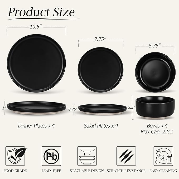LIANYU Stoneware Dinnerware Sets for 4, 12 Piece Plates and Bowls Set, Ceramic Dishware Dishes for Dining, Scratch Resistant Kitchen Porcelain Plates, Microwave & Dishwasher Safe, Matte Black