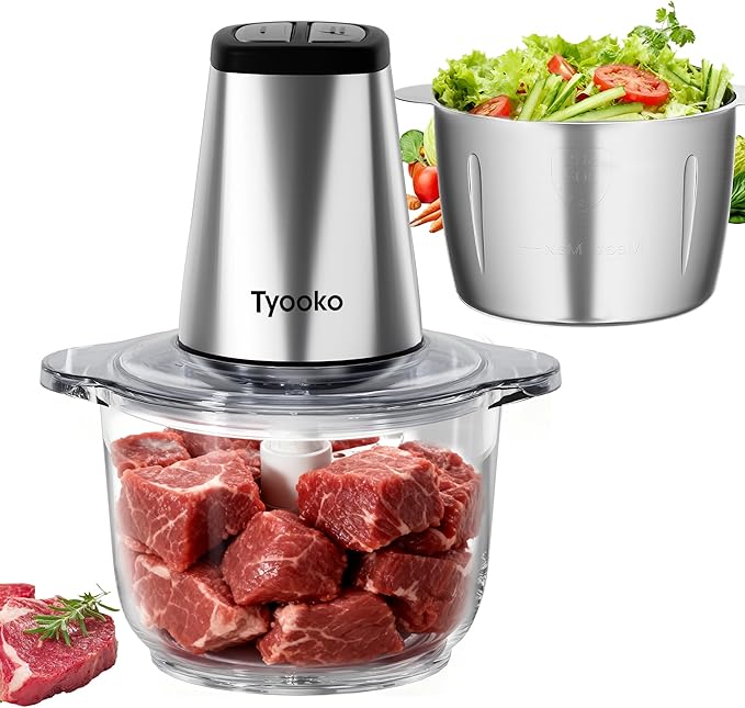 Electric Food Processor Vegetable Chopper, Kitchen Aid Easy Clean Meat Grinder with 2 Bowls (8 Cup Stainless Steel+8 Cup Glass), Small Food Mixer for Fruits/Meat/Nuts/Fish/Vegetable/Pet Food/Baby Food