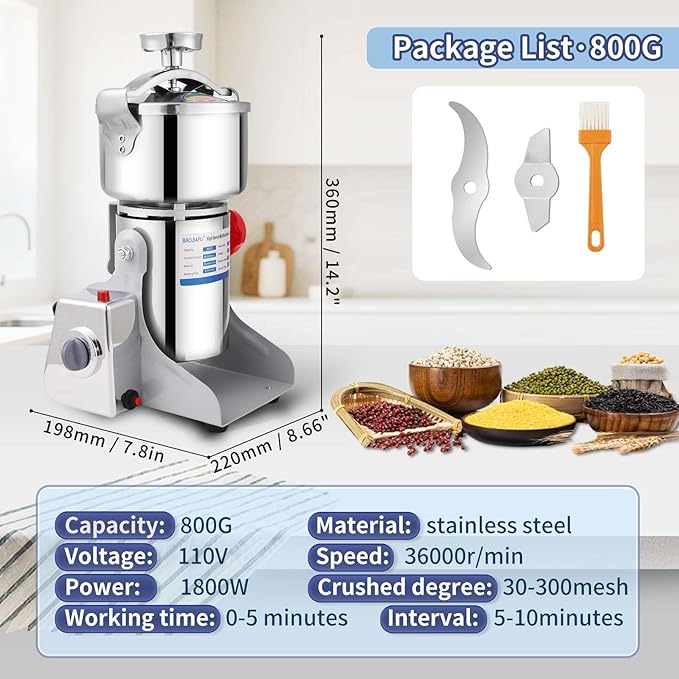 Electric Grain Mill 1800W Superfine Powder Grinder Dry Grinder Machine 36000r/min High-speed Grain Mill 270° swingable Dry Material Grinding Machine Stainless Steel Pulverizer 800g