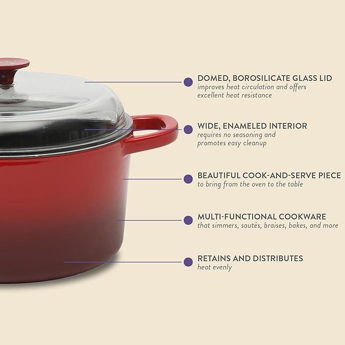Crock Pot Artisan 7-Quart Round Enameled Cast Iron Dutch Oven With Borosilicate Glass Lid, Heavy-Duty Cookware for Baking, Roasting & Slow Cooking, Red