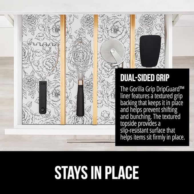 GORILLA GRIP DripGuard Shelf Liner, Non Adhesive Drawer and Kitchen Cabinet Protector, Slip Resistant BPA Free Smooth Surface Plastic Liners for Cabinets, Bathrooms, Closets, 17.5x240 Inch Floral Gray