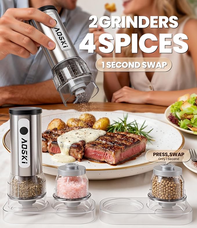 Electric Salt and Pepper Grinder Set: 2 Grinder + 4 Replaceable Jars - Stainless Steel & Separate Hoppers - For Gourmet Sessions - Prevents Spice Mixing for Foodies (2 Grinder + 4 Jars)