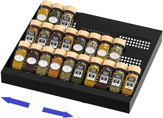 Expandable Metal Spice Drawer Organizer,3-Tier Slanted Seasoning Jars Tray for Kitchen Cabinet Drawers Insert/Countertop (Jars not included)-3Tier,1pack/Black