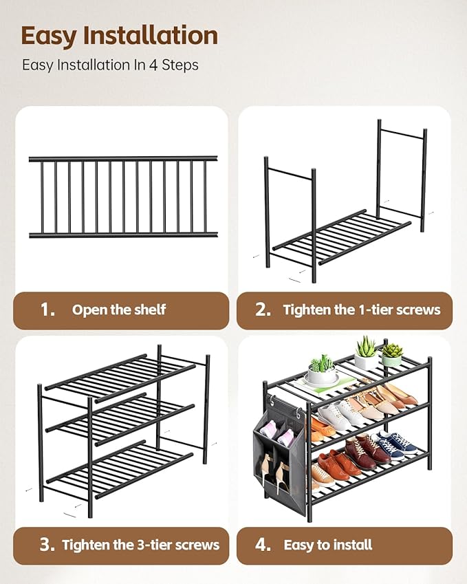 Bamboo Shoe Rack for Closet Small Wooden Shoe Organizer with Pouch, Sturdy Wood Shoe Shelf for Front Door Entrance Entryway and Outdoor, 26 inch Wide (Black, 3-Tier)