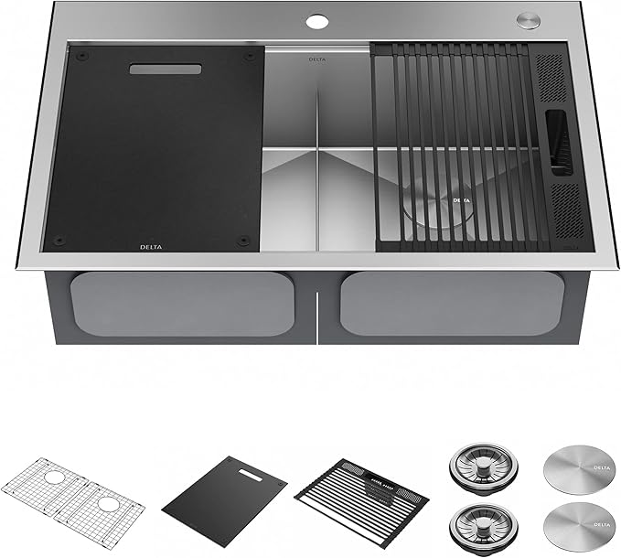 DELTA FAUCET Rivet 33-Inch Workstation Kitchen Sink Drop-In Top Mount 16 Gauge Stainless Steel 50/50 Double Bowl with WorkFlow Ledge and Chef’s Kit of 8 Accessories, 95A931-33D-SS