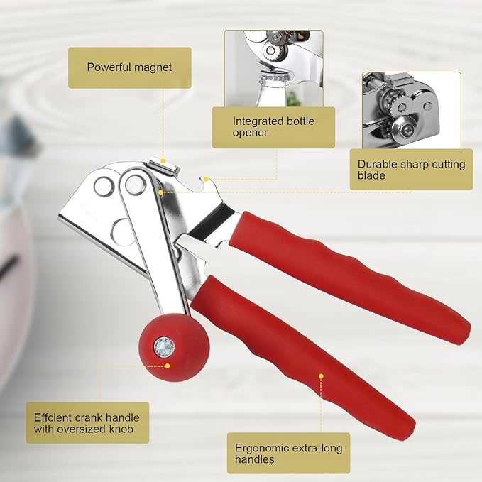 Commercial Can Opener, Stainless Steel Heavy Duty Manual Hand Crank Can Opener, with Comfortable Ergonomic Design Extra-long Handles, Large Handheld Smooth Can Open Easy for Big Cans, Red