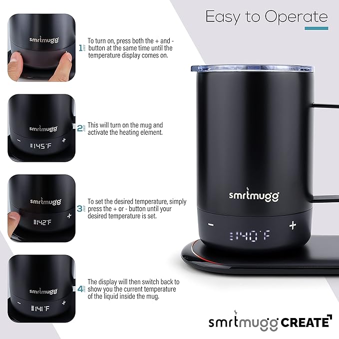 Create Heated Coffee Mug, Large 14 OZ, 5 Hour Battery Life, Precision Temperature Adjustment, Battery Powered Heated Coffee Mug Warmer, w/Dual Wireless Charging Pad Phone Charger (Black)