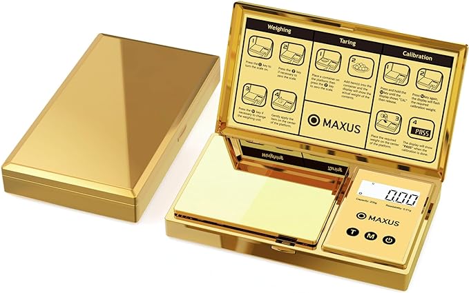 MAXUS Digital Gram Scale with 200g x 0.01g Capacity, Stylish Gold Plated Cover and Platform for Accurate and Precise Weighing of Jewelry, Grains, and Food in Grams and Ounces