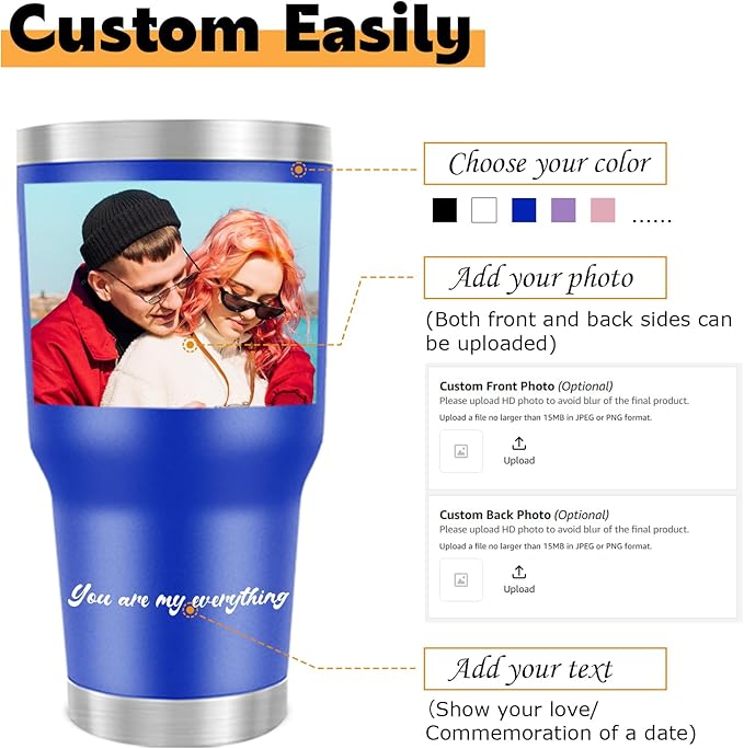 Personalized 30oz Tumbler with Pictures, Custom Insulated Tumblers with Logo, Stainless Steel Travel Coffee Mug, Personalized Gifts for Women Men Birthday Fathers Day Mothers Day