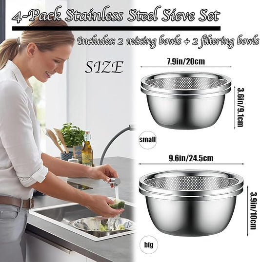 Stainless Steel Mixing Bowls, 4 Pack Rice Washer Strainer Bowl Large Mixing Bowl Salad Mixing Bow, Rice Cleaner Strainer Stainless Steel Colander For Washing Vegetables, Fruit, Rice, Straining Pasta