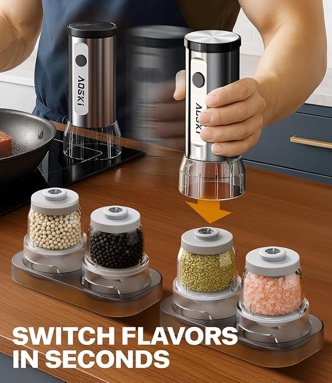 Electric Salt and Pepper Grinder Set: 2 Grinder + 4 Replaceable Jars - Stainless Steel & Separate Hoppers - For Gourmet Sessions - Prevents Spice Mixing for Foodies (2 Grinder + 4 Jars)