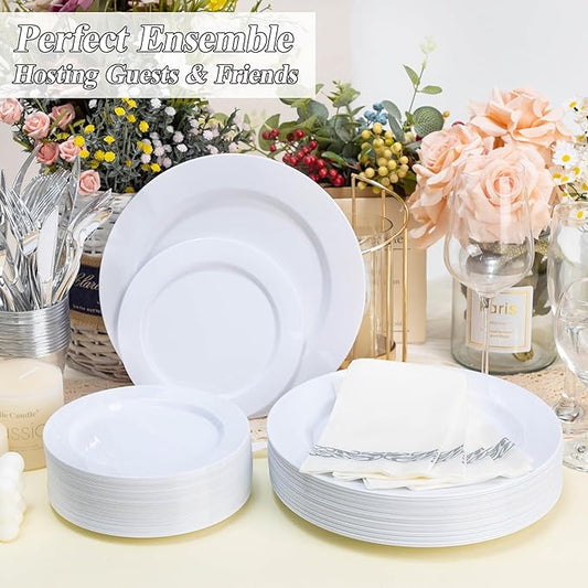 BESTSTAR 200PCS White Plastic Plates Set, 100 10.25 inch Dinner Plate and 100 7.5 inch Dessert Plates, Premium Disposable Plates for Party, Wedding