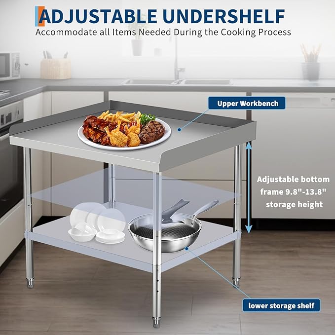 36x28x30 in Stainless Steel Equipment Grill Stand Table 400 LBS Capacity NSF Certified with Adjustable Legs, 2 in Edge Baffle, for Hotel, Home, Commercial Restaurant Kitchen