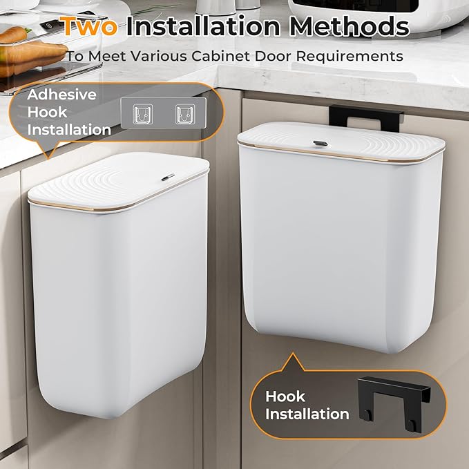 2.4 Gallon Hanging Trash Can - Small Under Sink Trash Can with Lid, Wall Mounted Compost Bin for Kitchen Cupboard Countertop, Odor-Control, Extended Clamping Ring, PET Material, White
