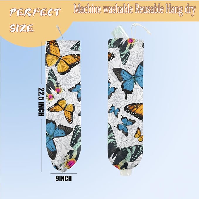 Butterfly Plastic Bag Holder, Wall Mount Grocery Bag Holder for Plastic Storage bag, Washable Storage Organizer Reusable Grocery Bags, Pull Rope Free Adjustment, Butterfly Gifts for Women Mom Sister