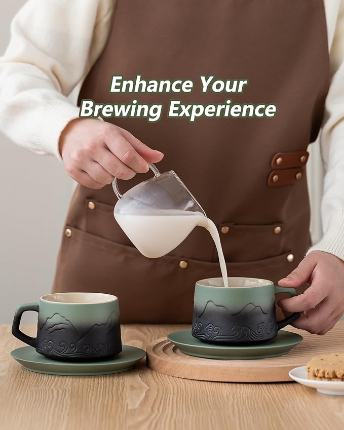 ZENS 8 Ounce Cappuccino Cups Set of 4, Embossed Artistic Cappuccino Mug with Saucers for Latte Art, Ceramic Coffee Cups for Au Lait Cafe or Matcha Tea Cup Gifts, Moss Green & Black